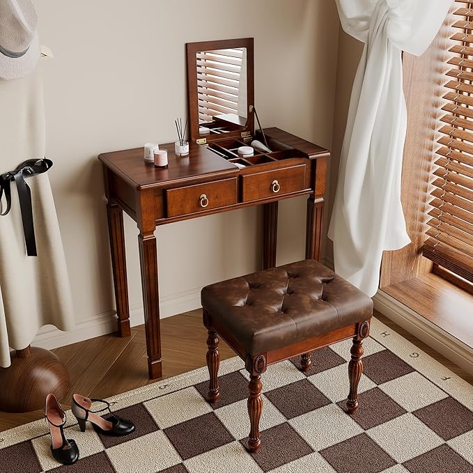 PADMA HOUSE Flip Top Wood Makeup Vanity Desk with Mirror Small Dressing Table with Two Drawers Flip-up Wooden Writing Desk Secretary Table in Cherry Walnut for Bedroom Living Room