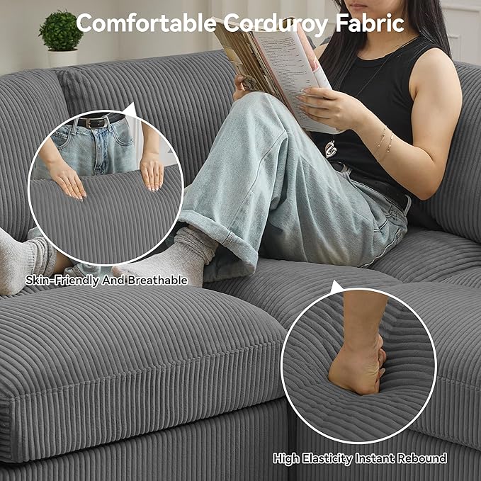 87'' U-Shaped Sectional Sofa with Ottoman 5-Seater Modular Couches for Living Room Corduroy Deep Seat Cloud Sofa with Center Stitched Grey