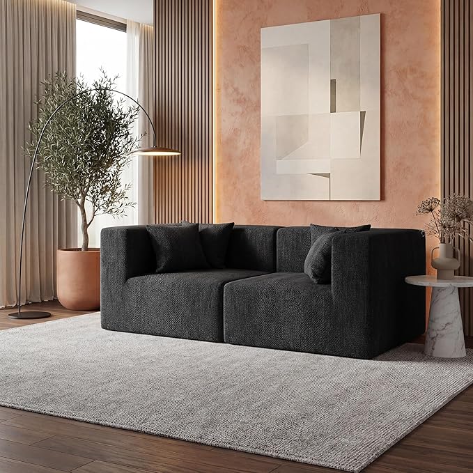 75 Loveseat Sofa Comfy Chenille Cloud Couch with 4 Pillows Modern Deep Seat Boneless Couch 2 Seater Sofa for Living Room Bedroom and Apartment No Assembly Required Black
