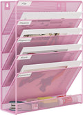 EasyPAG 5 Tier Wall File Holder Mesh Hanging Folder Organizer with Classify Label Versatile Desk File Holder Vertical Wall Mounted Mail Organizer for Office Home Cubicle Pink