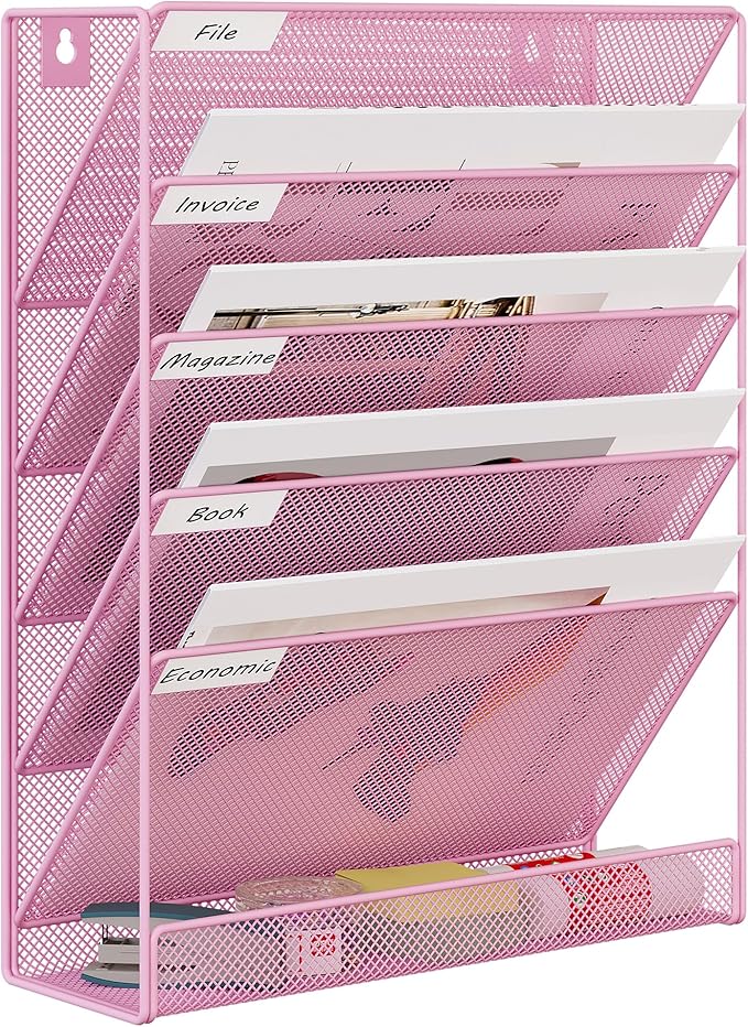 EasyPAG 5 Tier Wall File Holder Mesh Hanging Folder Organizer with Classify Label Versatile Desk File Holder Vertical Wall Mounted Mail Organizer for Office Home Cubicle Pink