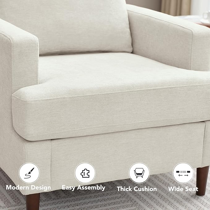 Mid-Century Accent ChairModern Linen Fabric Armchair for Living RoomComfy Upholstered Reading Accent Chairs for BedroomSingle Sofa Chair with Wood Legs (Beige 1 Pack)