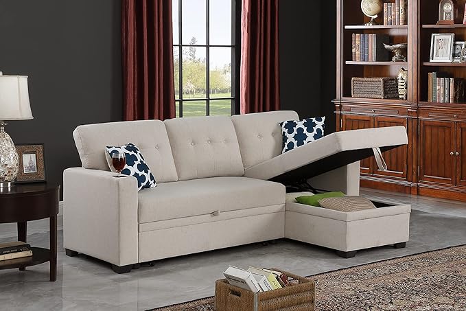 Ball &amp Cast Sectional Sleeper Sofa Couch with Pull Out BedL Shaped Sleeper Sofa Bed with Cupholder ArmrestsConvertible Sleeper Sectional Sofa W/Reversible Storage Chaise&ampBack Cushionfor Liv