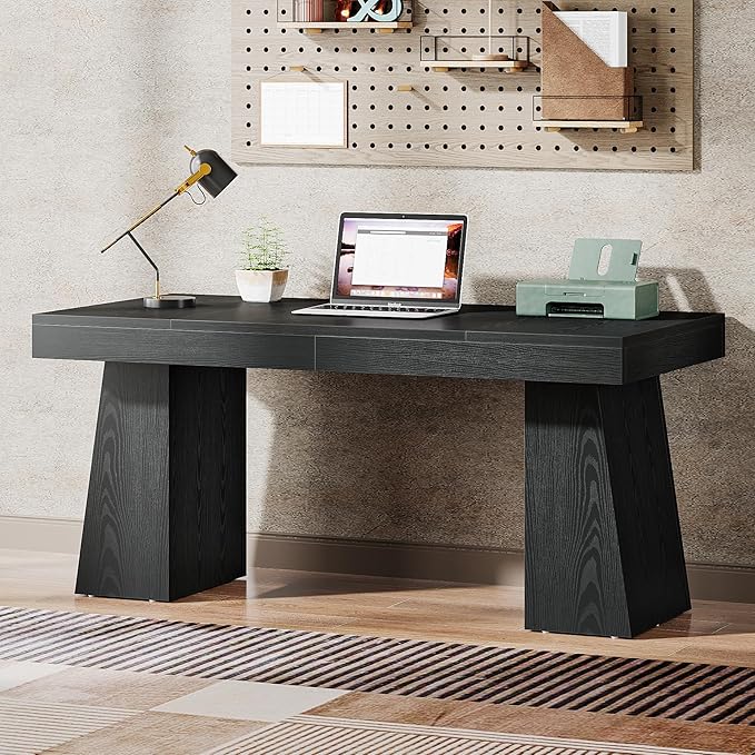 Tribesigns 55 Inches Executive Desk Mid-Century Modern Home Office Desk Wood Computer Desk Business Workstation Desk Small Conference Table Black