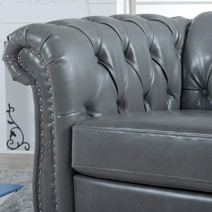 GDFStudio 39 Tufted Button Chesterfield Sofa with Deep Seat Cushions Rolled Arms &amp Gold Accent Strip 1-Seater Midcentury Modern Sofa for Living Room Classic Couch Furniture Gray + PU