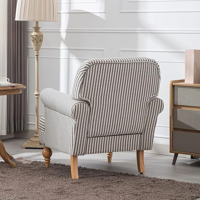 Black Striped Linen Fabric Accent Chair Modern Farmhouse Upholstered Armchair with Nailhead Trim &amp Ball Turned Wood Legs Cottage Club Chair for Living Room Bedroom Guest Room