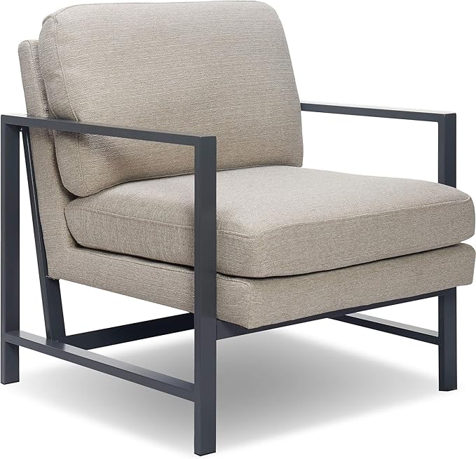 Tommy Hilfiger Russell AccentChair Medium-Soft Pillow Back Mid-Century Modern &amp Industrial Armchair Comfortable LoungeChair for Living Room Bedroom or Office Gray Square Metal Frame in Linen