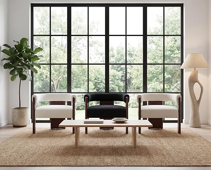 Modern Barrel Accent Chair Cozy Upholstered Beige Linen Living Room Chair for Bedroom Walnut Wood Frame Low Back Armchair Vintage Lounge Reading Chair for Apartment Waiting Room Office