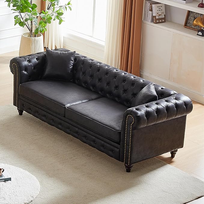 KEIKI Chesterfield Sofa Retro Style Upholstered 3+3 Seats Tech Fabric Couch with Rolled Arm for Living Room Bedroom Office Black