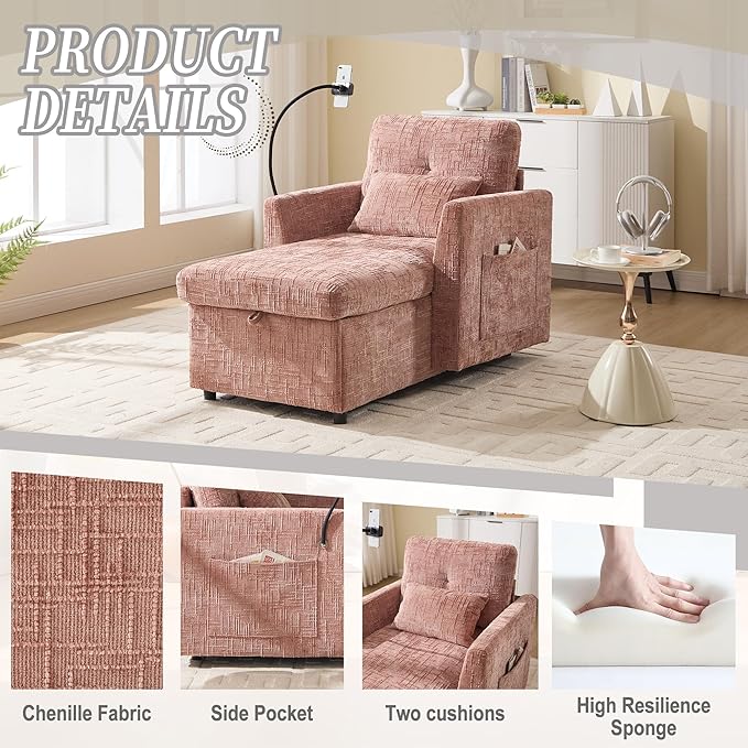 Multifunctional Recliner Sofa Chair with Storage Phone Holder &amp Adjustable Backrest Chenille Fabric Single Leisure Chair for Living Room Bedroom Small Spaces (Pink)