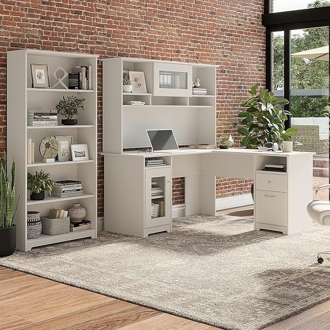 Bush Home Cabot 60W L Shaped Computer Desk with Hutch and 5 Shelf Bookcase in White
