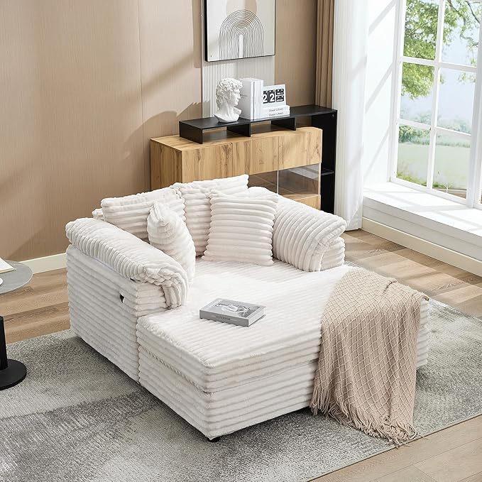 Oversized Chaise Lounge Chair Indoor Upholstered Sofa Bed with Throw Pillows and Armrests Comfy Corduroy Sleeper Couch with Cup Holders and Charging Port for Living Room Bedroom 60 Inch Wide White