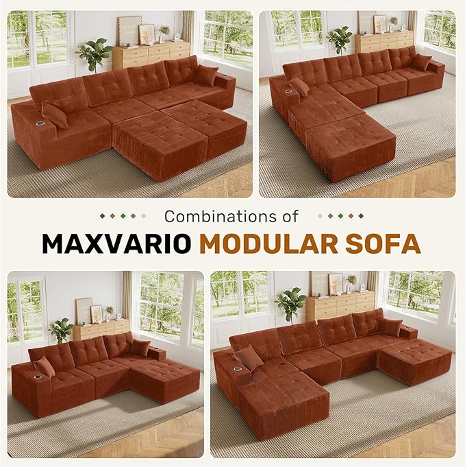 143 Modular Sectional Sofa for Living Room Convertible U-Shape Couch with OttomanModular Sectional SofaReddish Brown Corduroy