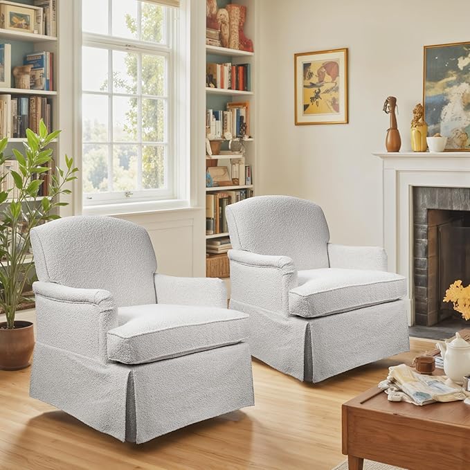 Art Leon Swivel Barrel Chairs Set of 2 - Modern Upholstered Swivel Barrel Chair Fabric Upholstered Accent Arm Chairs with Metal Base Modern Living Room Chairs Sofa Chairs for Bedroom White