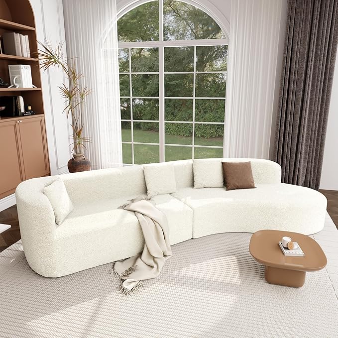 132 Large Sponge Modular Sofa Modern Sectional Sofa with Curved Design 2-Piece Chenille Modular Couch with 4 Pillows Plush Sponge &amp Spring Cushion for Living Room (Beige103)