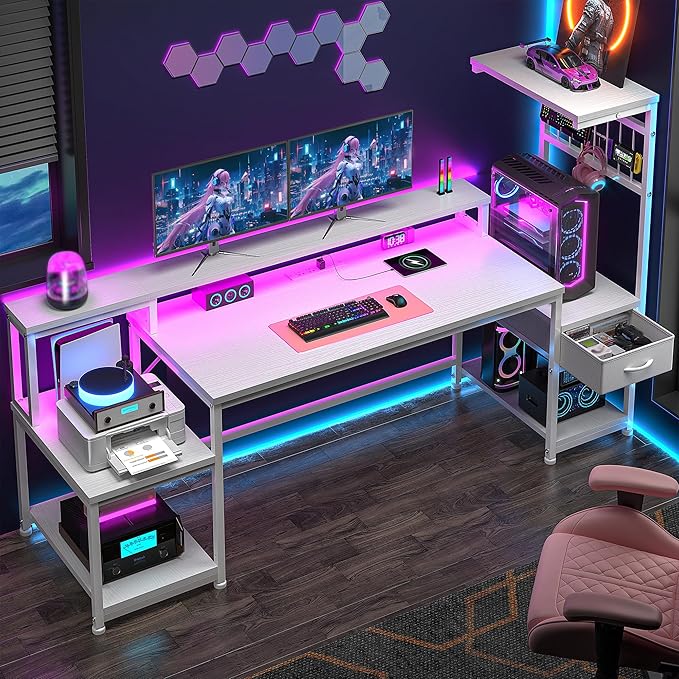 63 Gaming Desk with LED Lights &amp OutletsComputer Desk with Drawers &amp Monitor StandGaming Table with Storage Shelves &amp Printer Space for Game RoomStudy RoomHome OfficeBedroomWhite