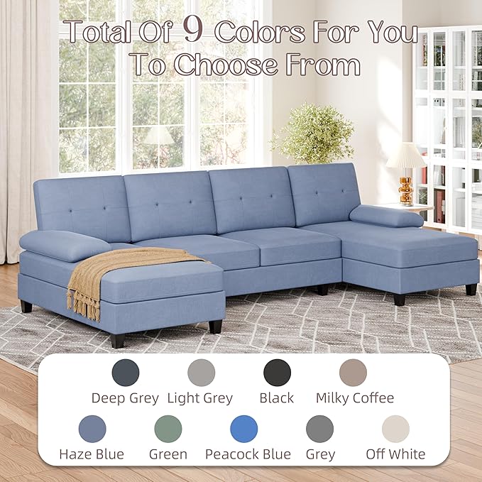 Shintenchi U-Shaped Sectional Couches for Living Room 4 Seat Sofa with Double Chaise LoungesSolid Wood Frame Sectional Sofa for ApartmentBlue