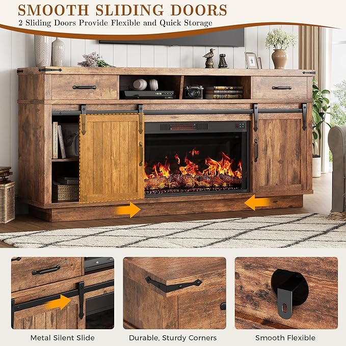 Fireplace TV Stand for TVs up to 65 Electric Fireplace with 3D Flame Farmhouse LED Light Entertainment Center TV Console with with 2 Drawers Sliding Barn Door for Living Room - Brown