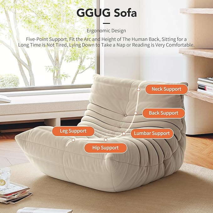 High-end Uncompressed Bean Bag Chair Fireside Togo Chair with Antique White/Light Grey Suede Fabric Cover Comfy &amp Soft Lazy Floor Lounge Sofa Chairs for Bedroom Living Room Office or Lounger