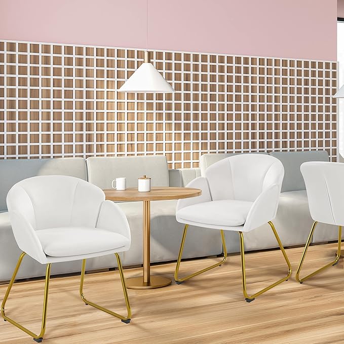 Yaheetech Velvet Living Room Chair Flower Shaped Armchair with Golden Legs Upholstered Side Chair for Vanity Room Living Room Kitchen Set of 2 White