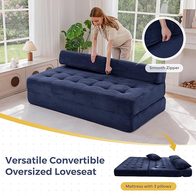 MAXYOYO Folding Sofa Couch Convertible Floor Sleeper Couch with 3 Pillows Tufted Floor Oversized Loveseat Couch Tufted Fold Out Chair Bed Comfy Sofa Lounge for Living Room Bedroom Navy