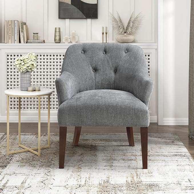 Lexicon Modern Accent Chair Textured Fabric Upholstered Arm Chair with Button Tufted Back Sloped Flared Arms and Wooden Legs for Living Room/Bedroom Charcoal