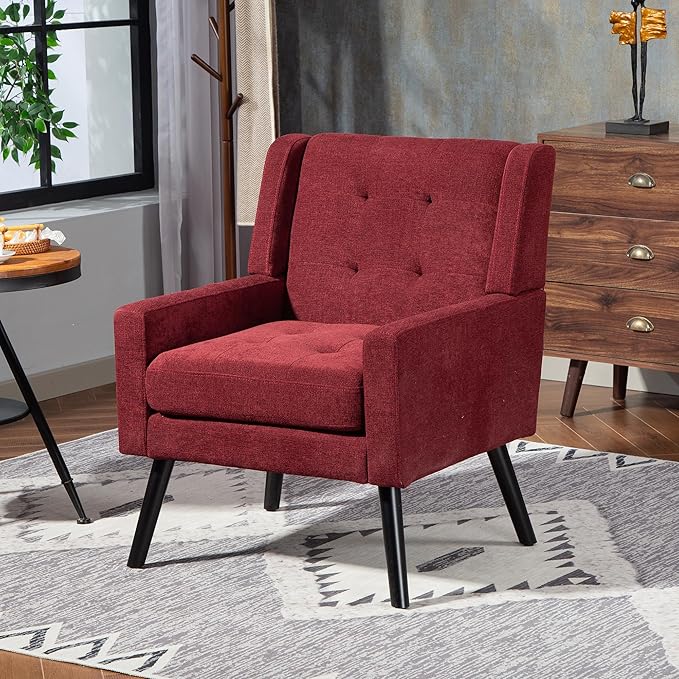 Mid-Century Modern Accent Chair Plush Linen Fabric with Button Tufted High Back &amp 5 Thick Cushion High Comfort Reading Chair for Living Room Bedroom Office (Red)