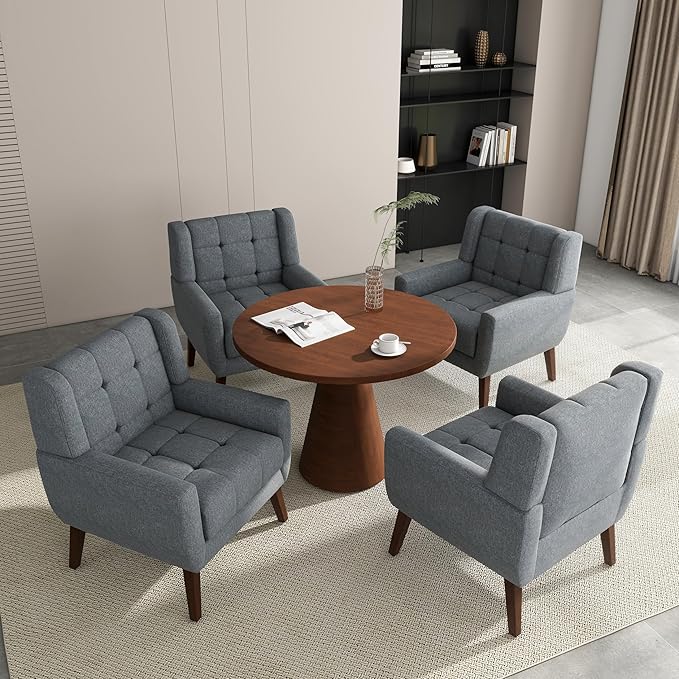 Accent Chair Comfy Mid Century Modern Small Armchairs with Solid Wood Frame and Soft Cushion for Living Room Bedroom (Fabric Grey Set of 2)