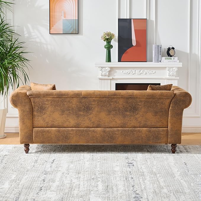TTK 79 Chesterfield Faux Leather Sofa Couch Upholstered Tufted Rolled Arm 3-Seater Couch with 2 Pillows Mid Century Modern Chesterfield Sofa for Living Room Office Apartment Brown | Button Tufte