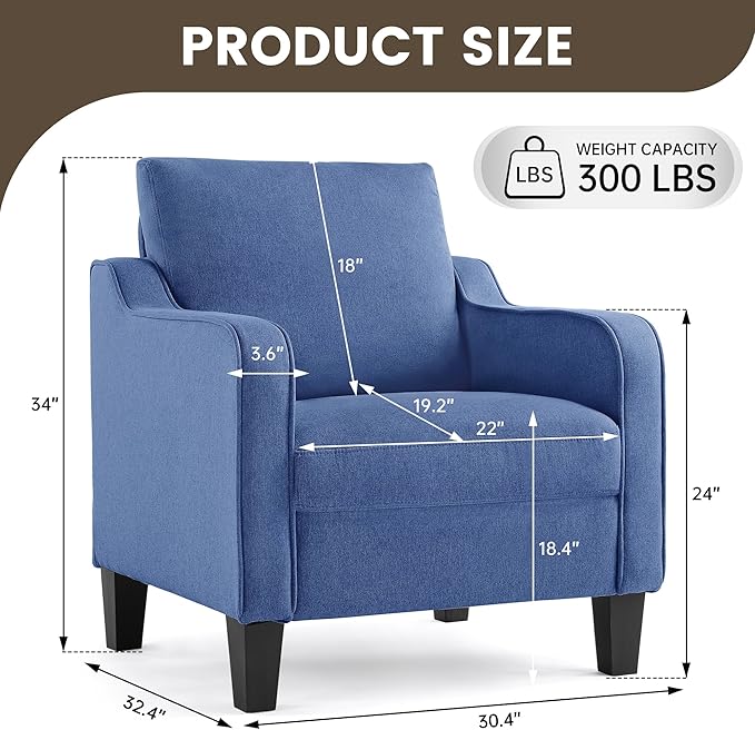 Mid-Century Modern Accent Chair Linen Upholstered Living Room Chair Comfy Reading Armchair Small Single Sofa Chair for Bedroom Office Blue 1PC