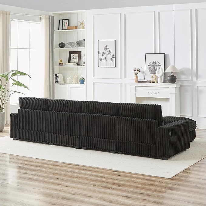 Yoglad 128'' L Shaped Modular Sectional Sofa Cozy Oversized Corduroy Couch with Cup Holders and Charging Port 4-Seater Sofa with Ottoman for Livingroom Apartment Office (Black)