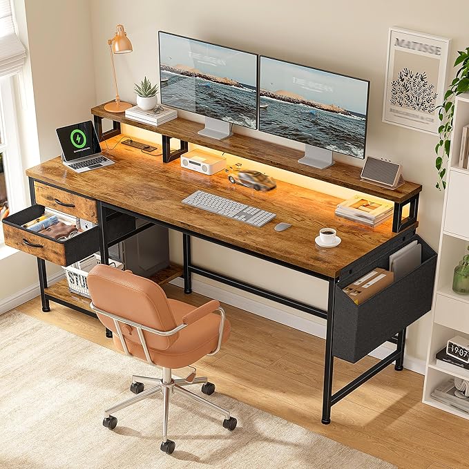 55 Gaming Desk with LED Strip Computer Desk with Drawers &amp Storage Bag Office Desk with Power Outlets &amp Monitor Stand Home Office Desks for Bedroom Gaming Room Rustic Brown