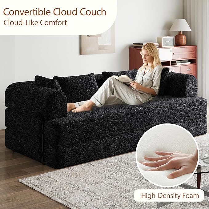 78.7 Chenille 4-in-1 Folding Convertible Sofa Bed Boneless Couches with 4 Pillows &amp Convenient Side Pockets Comfy Foldable Compressed Sofa in Box Floor Sofa Lounge Couch for Living Room(Black)