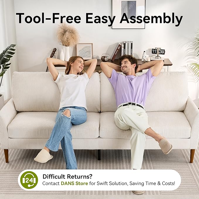 88 Loveseat Sofa Comfy White Corduroy Couches for Living Room Modern Oversized Love Seat Sofa Tool-Free Setup Large Couches for Bedroom Office