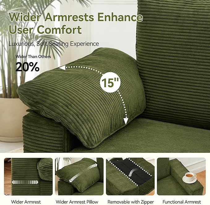 86 Loveseat Sofa Green Corduroy CouchModern Cloud Sofa Love Seat Deep Seat Slipcovered Sofa with 2 Wide Armrest Pillows for Small Spaces Apartment Studio Office Bedroom Living Room