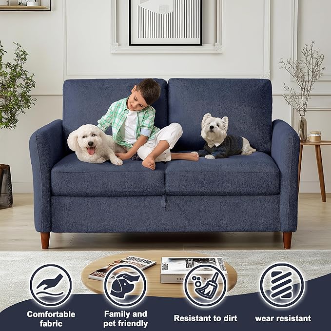 Loveseat Sofa Couch with Storage Small Couches for Small Spaces Comfy Love Seats for Living Room 2 Seater Sofa for Bedroom (Dark Blue 2-Seat)