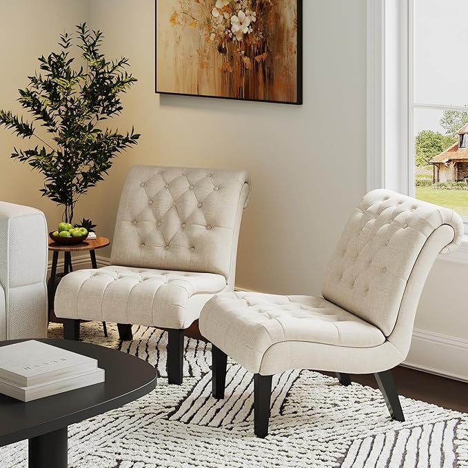 Alunaune Living Room Chair Modern Accent Chair Upholstered Tufted Armless Bedroom Chair Sofa Backrest Fabric Recliner Lounge Chair Wood Legs-Ivory