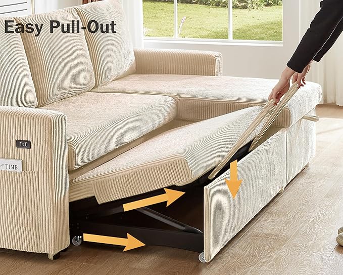 Vipbear 104 Sectional Sleeper Sofa Bed with Pull Out Bed U Shaped Couch Pull Out Couch with Reclining Backrest Reversible Storage Chaise USB Ports Tool-Free Assembly Corduroy Beige
