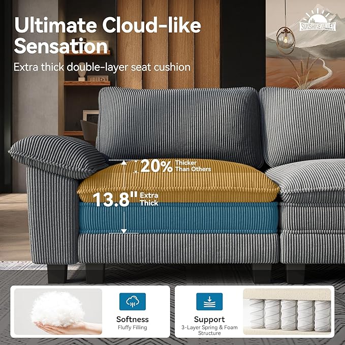 L Shaped Modular Cloud Couch 157.5'' Oversized Corduroy Sectional Sofa with Wider Armrest and Ottoman Upholstered 5-Seat Modern Deep Seat for Bedroom Living Room Grey
