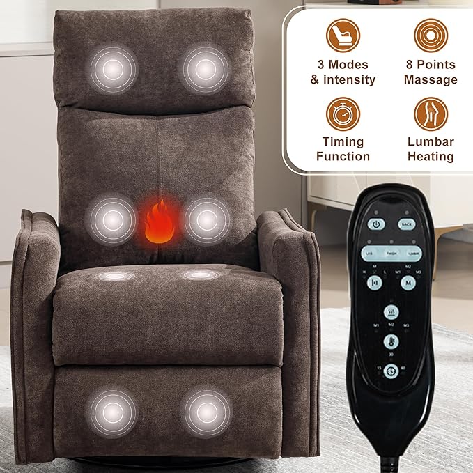 cinkehome Swivel Rocker Recliner Glider Rocker Recliner Chair for Nursery Manual Reclining Chair with Heated Massage Small Spaces Living Room Linen Brown