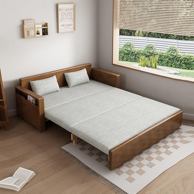 59 Convertible Sofa Sleeper with StorageGrey Cushion Sectional Sleeper Sofa with Reversible ChaiseSolid Wood Sofa Bed 3 in 1 Pull Out Couch Bed for Living RoomApartment (Walnut (Color))