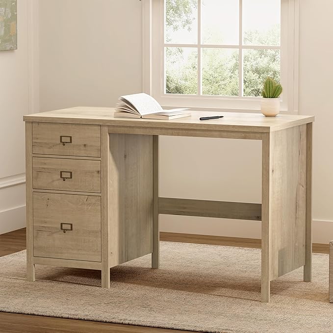 Executive Desk with Drawers Modern Wood Home Office Desk with File Drawer Farmhouse Computer Writing Desk for Working Light Oak