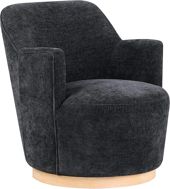Meridian Furniture 449Black Clarita Collection Modern | Contemporary Swivel Accent Chair with Soft Black Chenille Fabric Natural Wood Finish Base 26.5 W x 30.5 D x 31 H Black