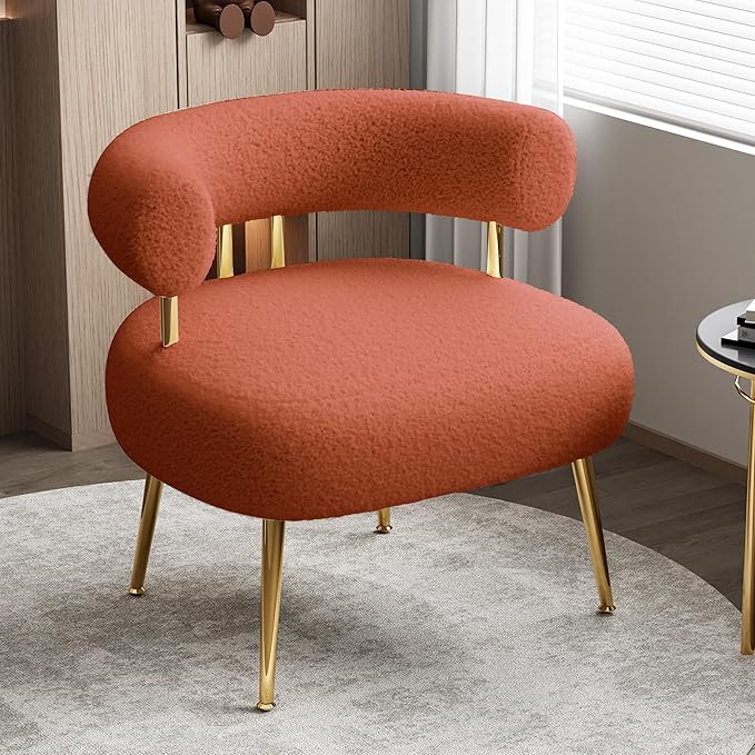 Mid Century Sherpa Boucle Accent Chair Round Upholstered Barrel Arm Chair for Small Spaces Fluffy Side Corner Sofa Chair for Living Room Bedroom Vanity Office Reading Nook(Orange)