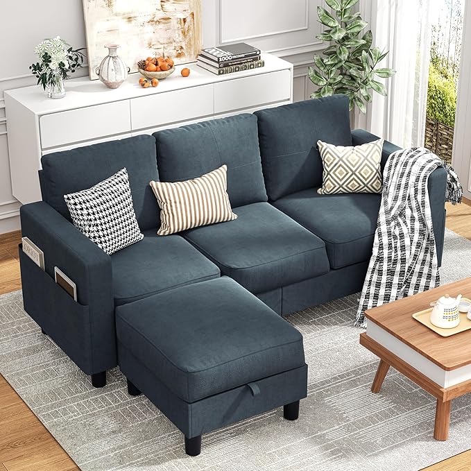 JY QAQA Convertible Sectional Sofa Couch with 3-Seat Sofa L-Shaped Ottoman Couch with Modern Linen Fabric for Small Living Room Apartment and Small Space (Dark Gray)