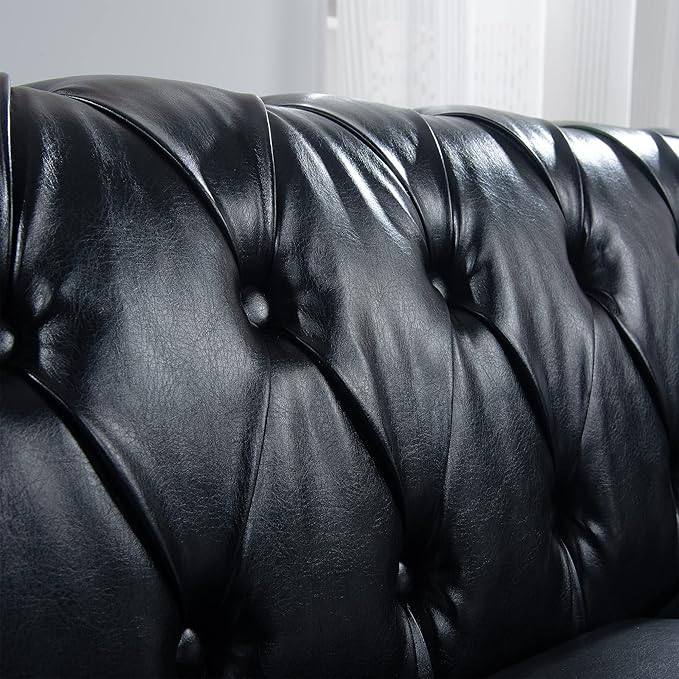 Chesterfield PU Leather Sofa Upholstered PU Sofa with Tufted Back Classic 3 Seater Leather Couch Rolled Arm for Living Room Office Black
