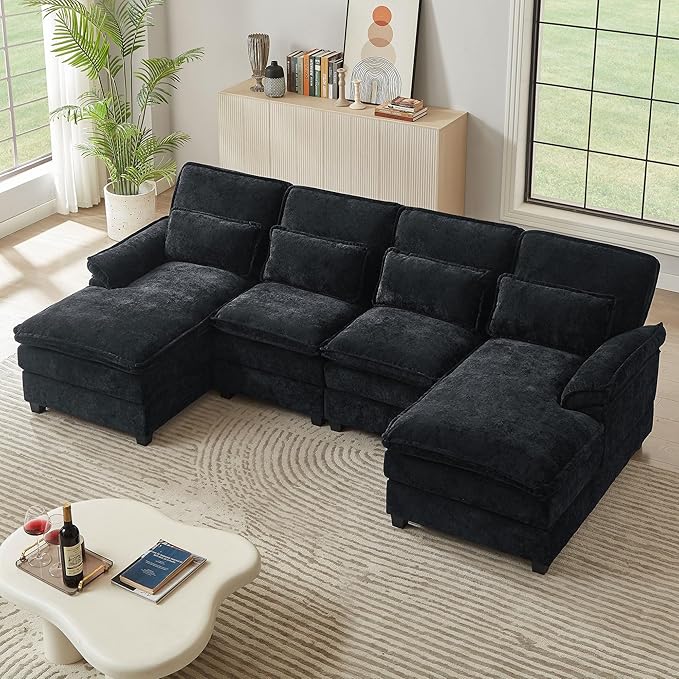 113 U Shaped Sectional Sofa Comfy Cloud Couch Chenille Sofa Sleeper Deep Seat Sofa with 4 Throw Pillows 4-Seater Double-Layer Modern Sofa for Living Room Black
