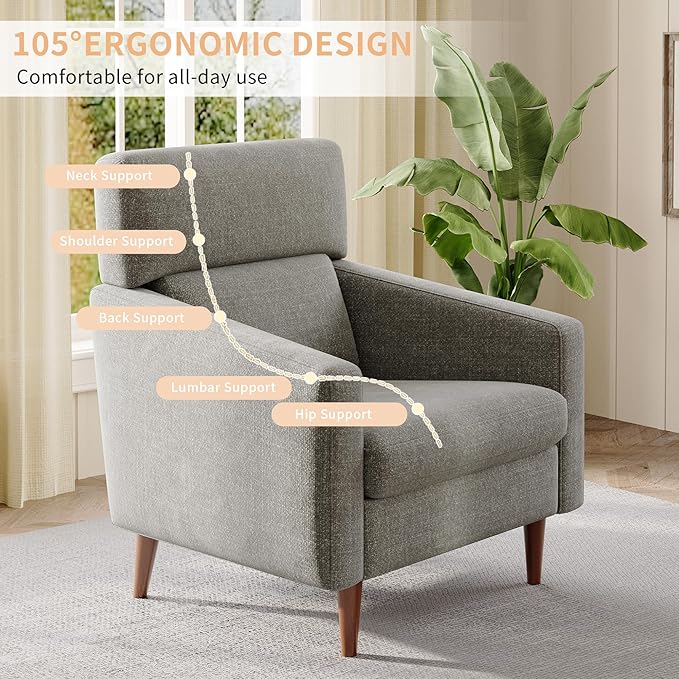 EJUNQ Mid-Century Accent ChairFabric Modern Reading Living Room Chairs Upholstered Armchair with Wood LegsCozy Reading Chair for Living RoomBedroom（Grey