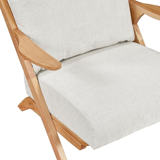 Lexicon Mid Century Modern Accent Chair Natural Finish Solid Rubberwood Frame Reversible Back Cushion Woven Chenille Upholstered Reading Chair for Living Room/Bedroom/Office Beige
