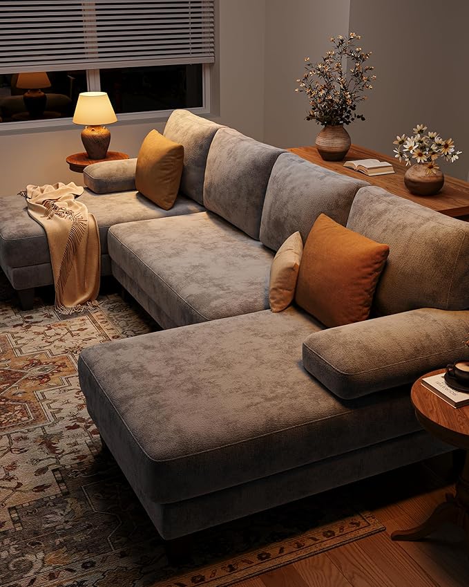 U-Shaped Sectional Couches for Living Room | Cheille Sofa with Double Chaise | 112 Inch Light Grey Sectionals Couch for Apartment